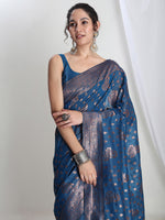 Thumbnail for Janasya Teal Blue Silk Blend Floral Jacquard Saree