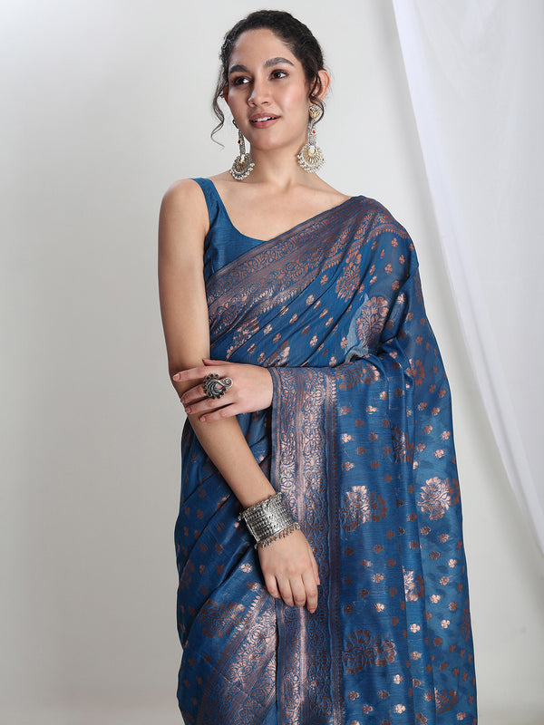 Janasya Teal Blue Silk Blend Floral Jacquard Saree