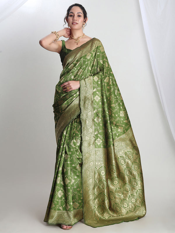 Janasya Green Silk Blend Geometric Jacquard Saree