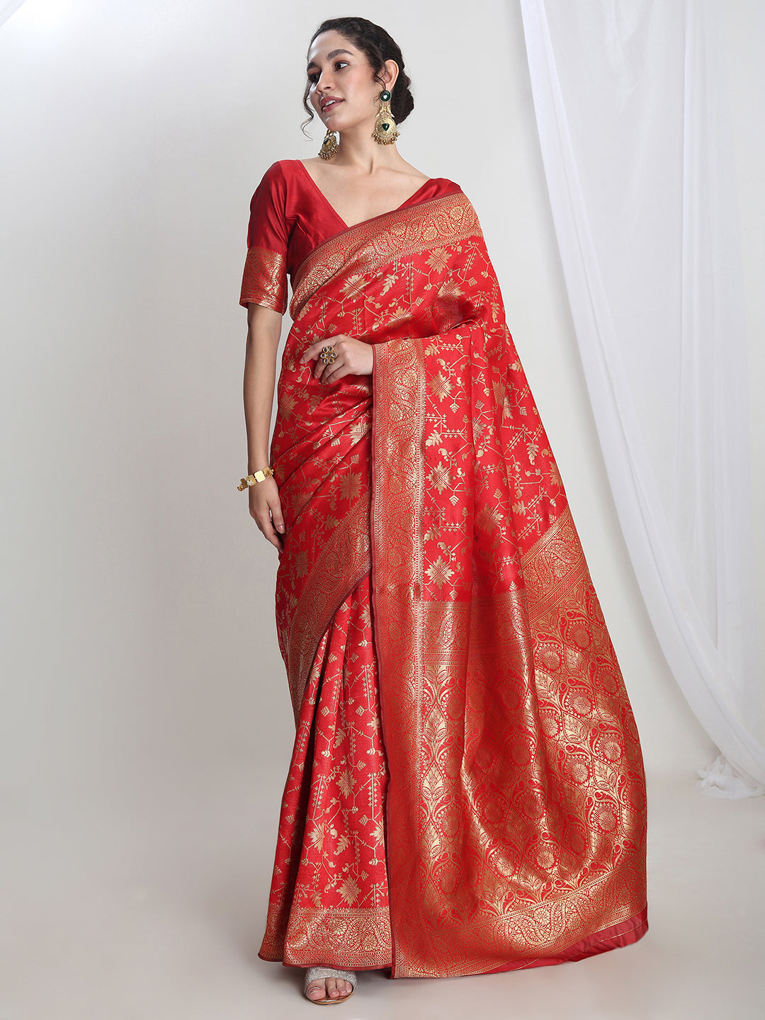 Janasya Red Silk Blend Geometric Jacquard Saree