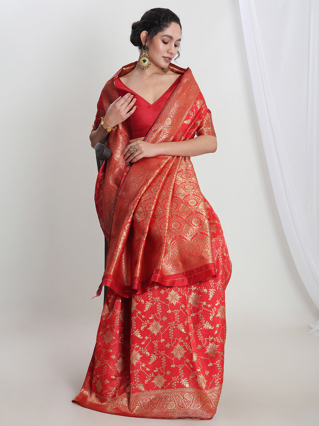 Janasya Red Silk Blend Geometric Jacquard Saree