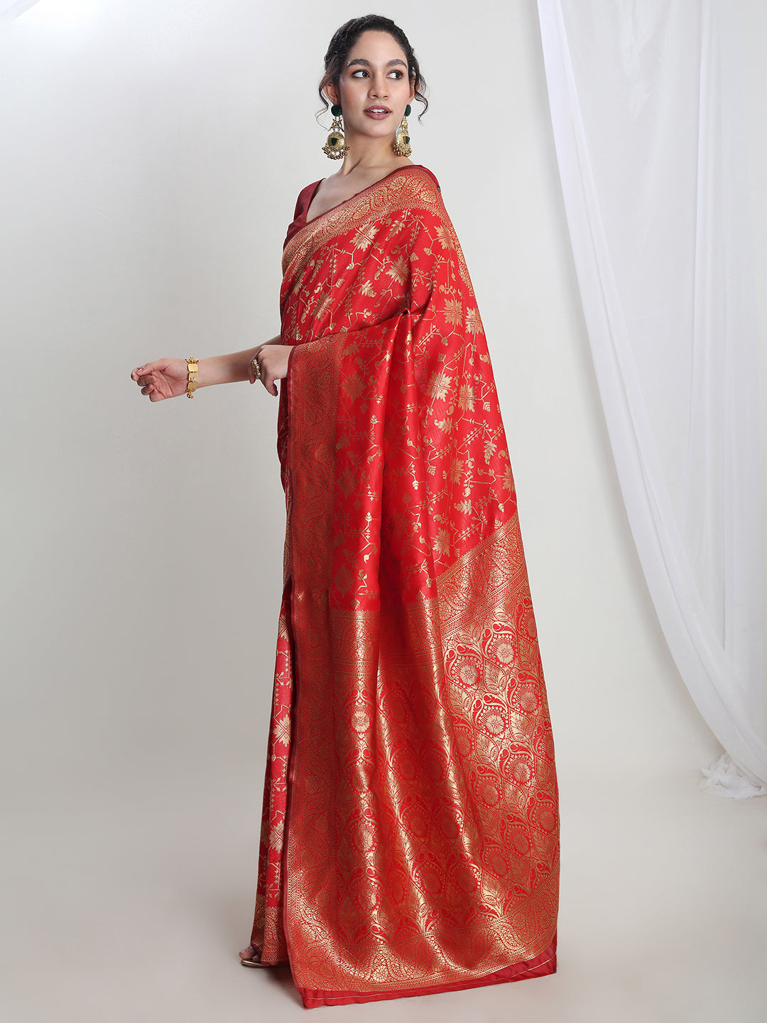 Janasya Red Silk Blend Geometric Jacquard Saree