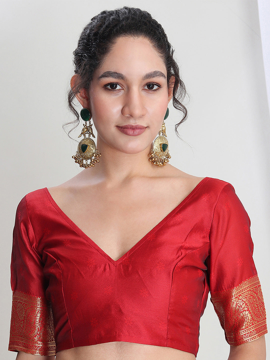 Janasya Red Silk Blend Geometric Jacquard Saree