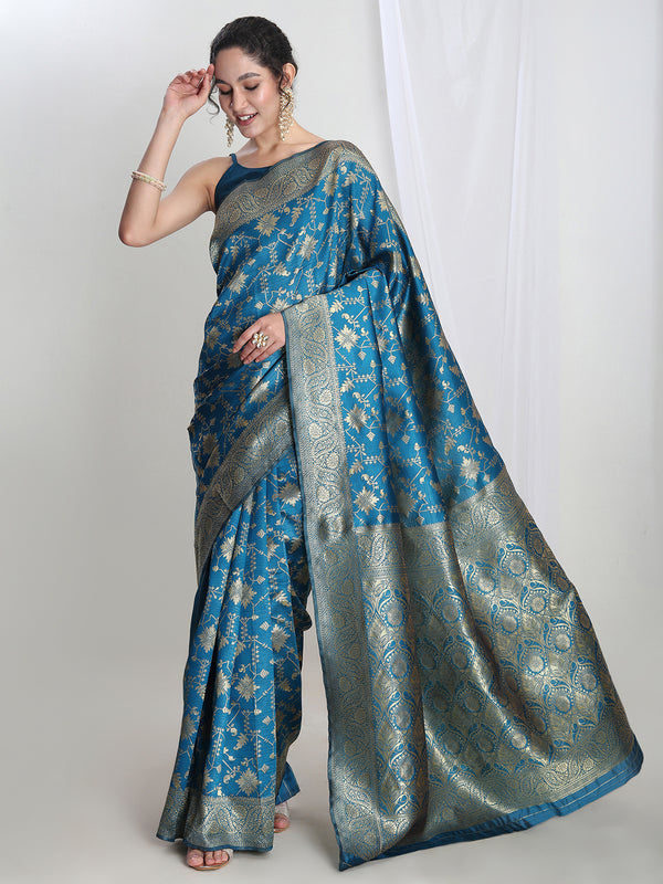 Janasya Teal Blue Silk Blend Geometric Jacquard Saree