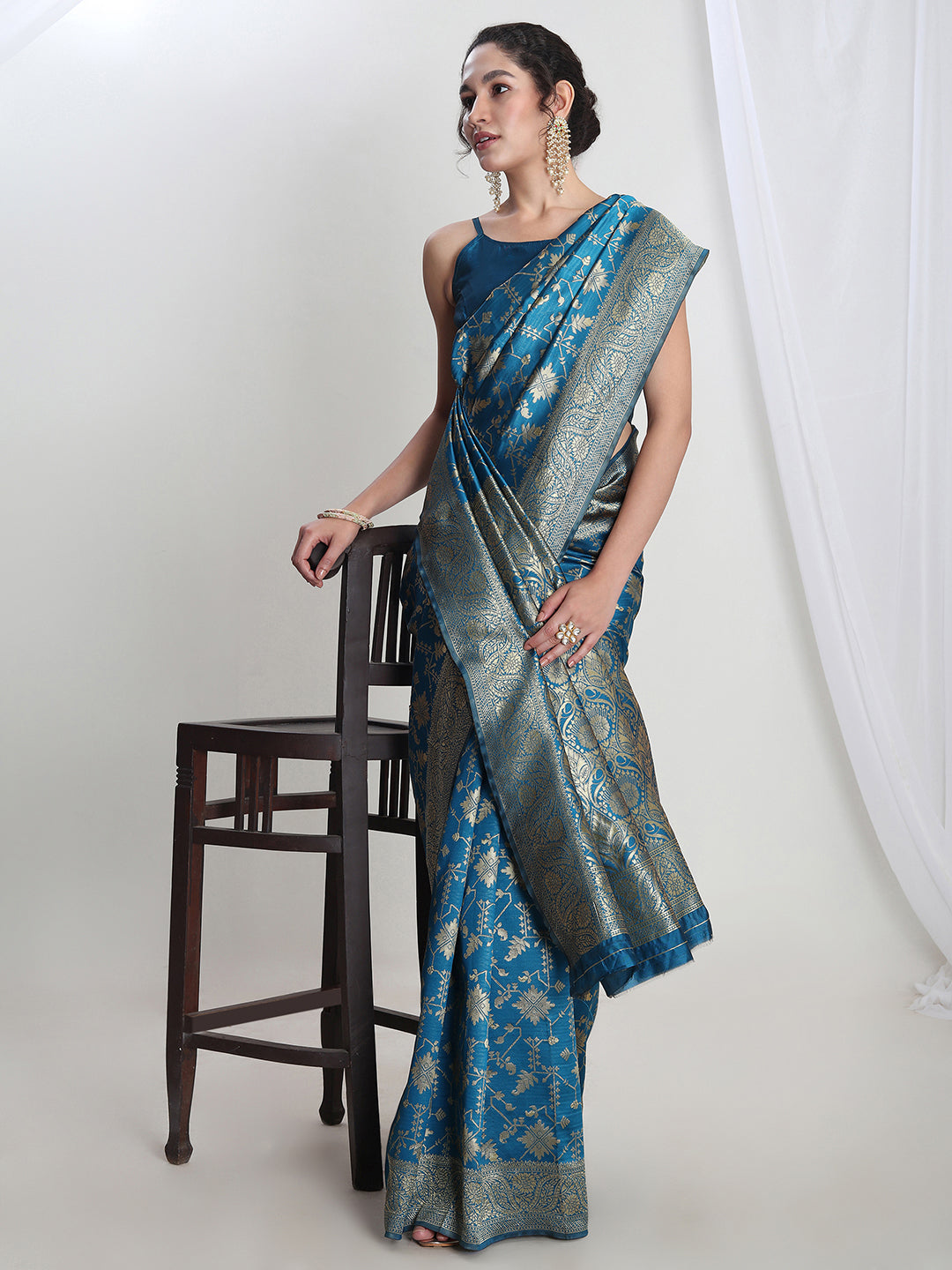 Janasya Teal Blue Silk Blend Geometric Jacquard Saree