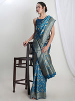 Thumbnail for Janasya Teal Blue Silk Blend Geometric Jacquard Saree