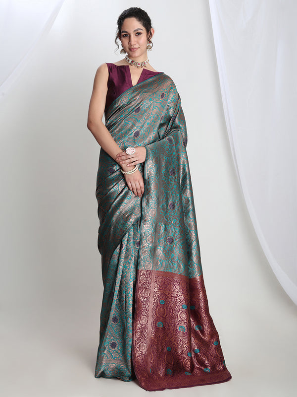 Janasya Sea Green Silk Blend Floral Jacquard Saree