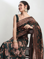 Thumbnail for Janasya Dark Green Silk Blend Floral Jacquard Saree