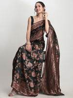 Thumbnail for Janasya Dark Green Silk Blend Floral Jacquard Saree
