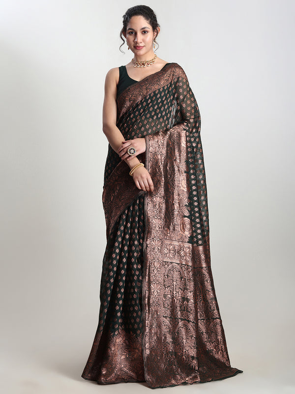 Janasya Dark Green Silk Blend Floral Jacquard Saree