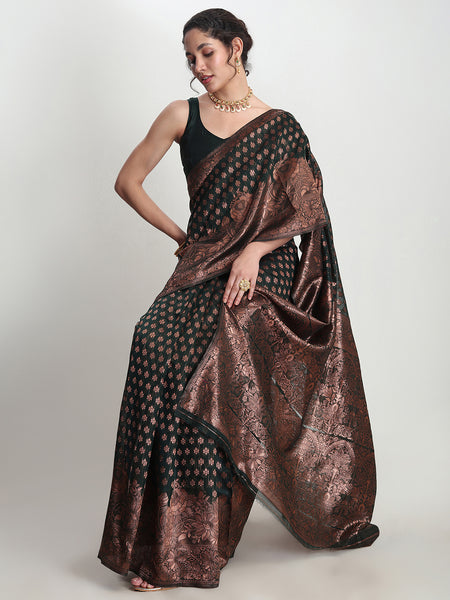 Janasya Dark Green Silk Blend Floral Jacquard Saree