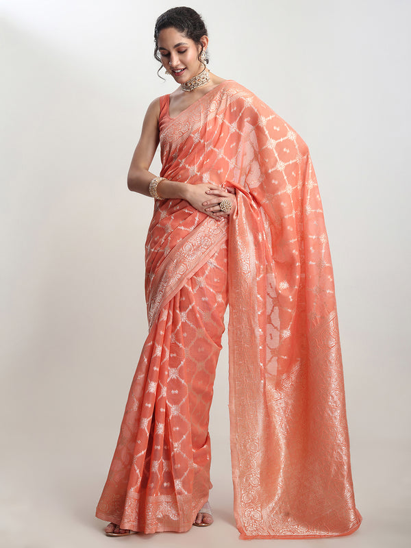 Janasya Peach Silk Blend Geometric Jacquard Saree