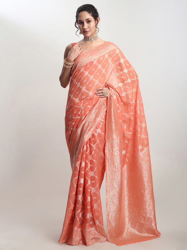 Janasya Peach Silk Blend Geometric Jacquard Saree