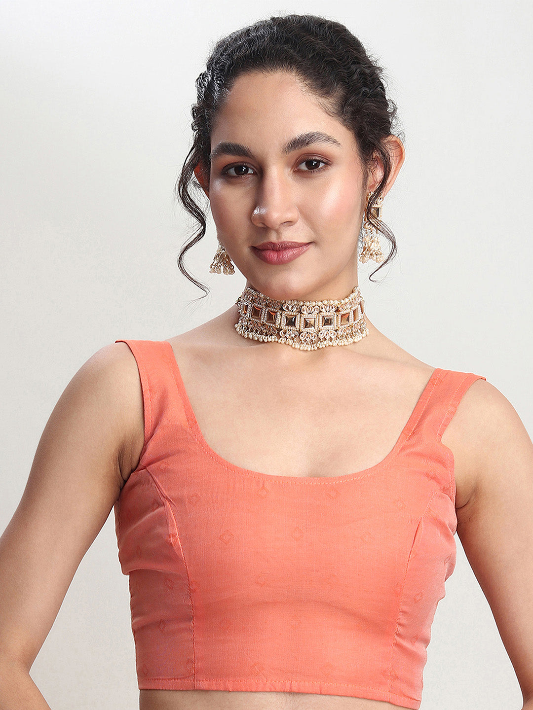 Janasya Peach Silk Blend Geometric Jacquard Saree