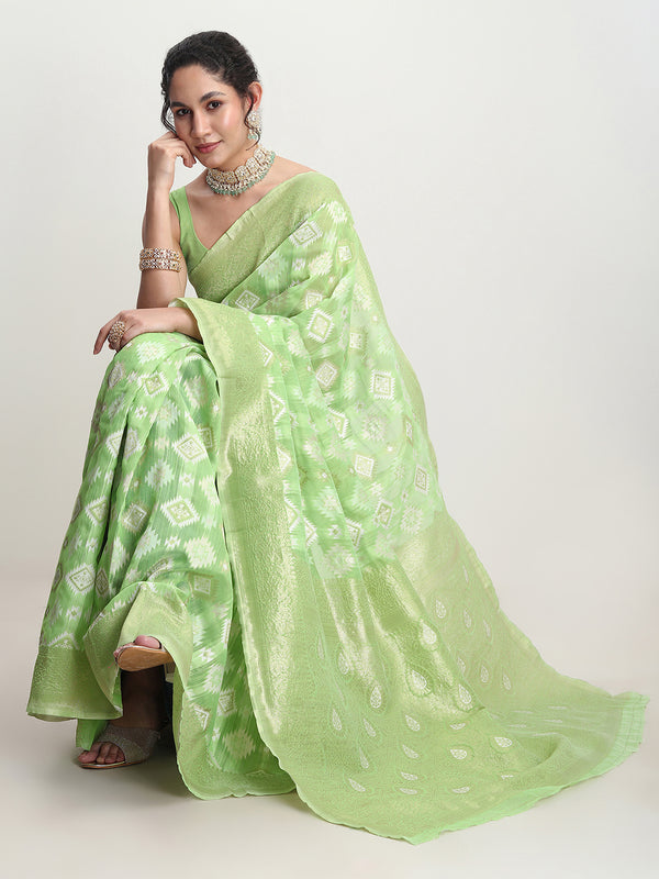 Janasya Green Silk Blend Geometric Jacquard Saree