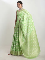 Thumbnail for Janasya Green Silk Blend Geometric Jacquard Saree