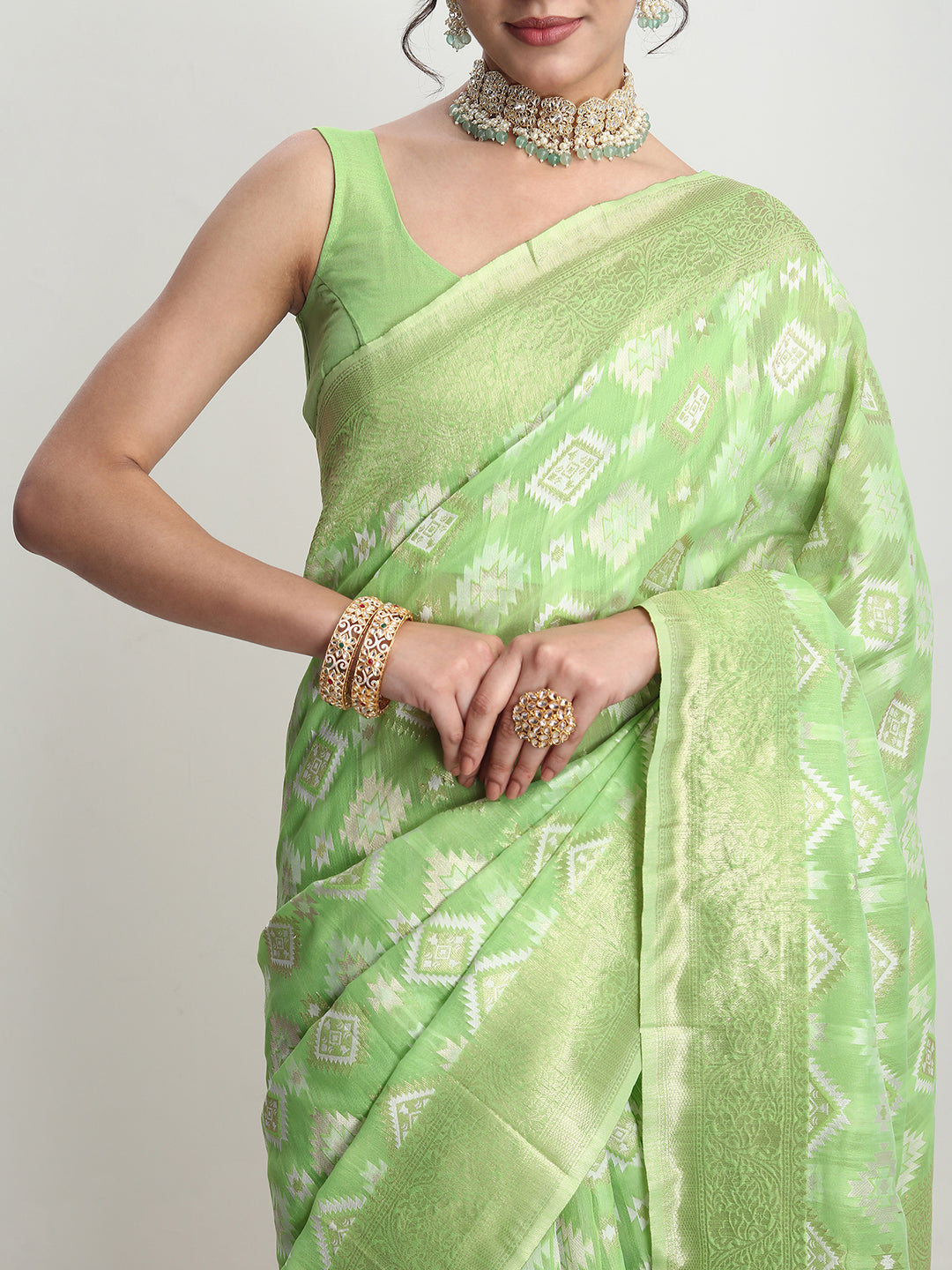 Janasya Green Silk Blend Geometric Jacquard Saree