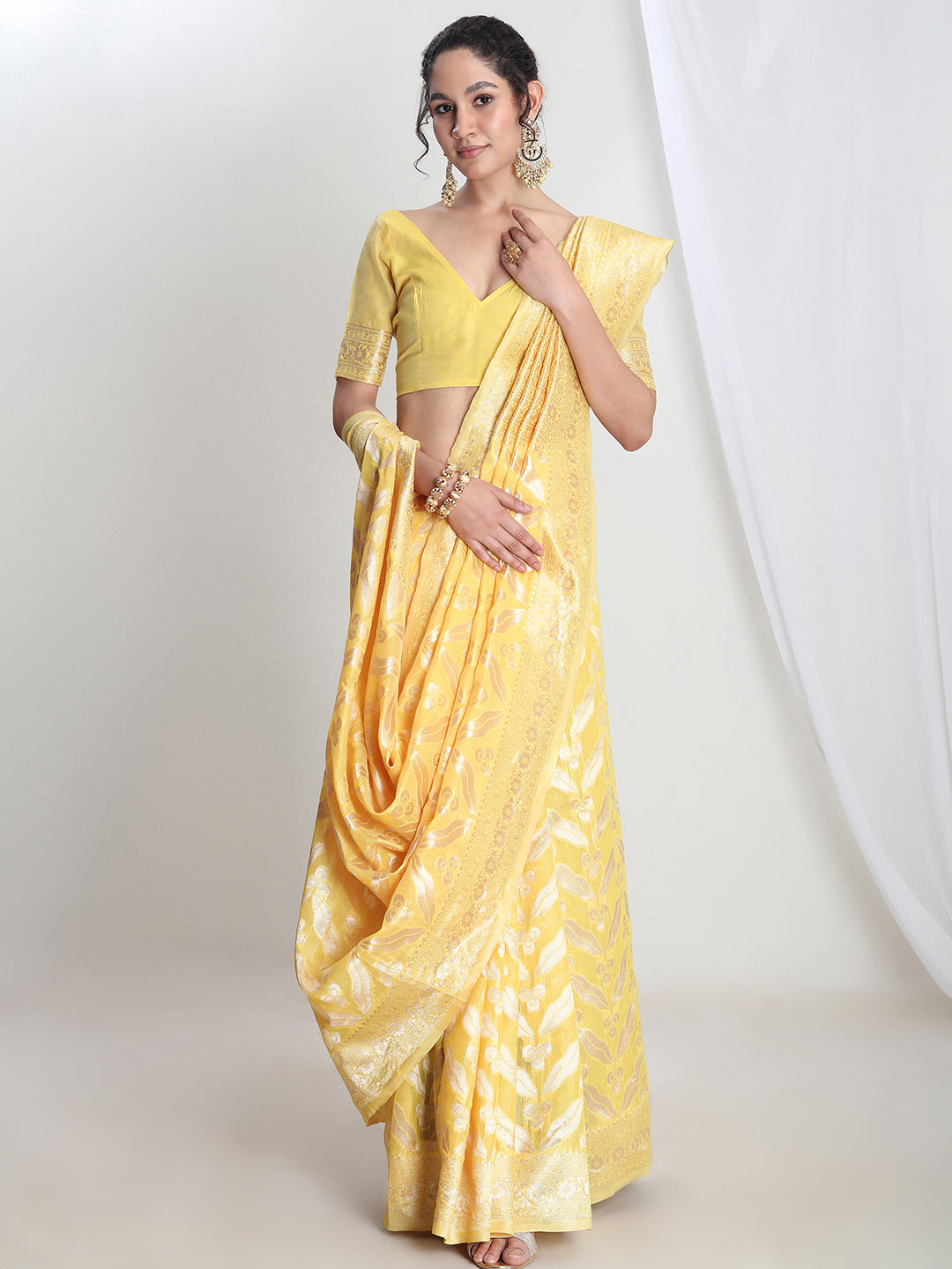 Janasya Yellow Silk Blend Floral Jacquard Saree
