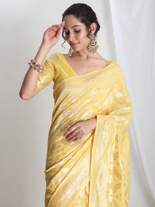 Janasya Yellow Silk Blend Floral Jacquard Saree