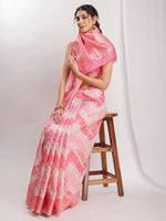 Thumbnail for Janasya Peach Silk Blend Geometric Jacquard Saree