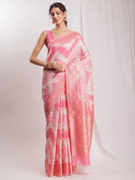 Thumbnail for Janasya Peach Silk Blend Geometric Jacquard Saree