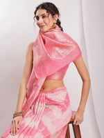 Thumbnail for Janasya Peach Silk Blend Geometric Jacquard Saree