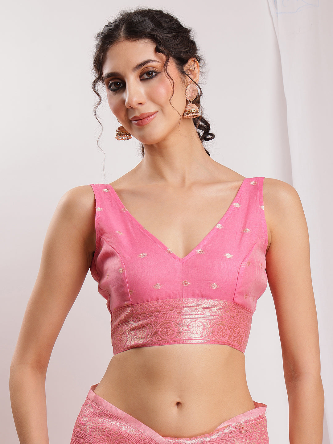 Janasya Peach Silk Blend Geometric Jacquard Saree