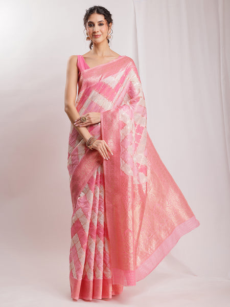 Janasya Peach Silk Blend Geometric Jacquard Saree
