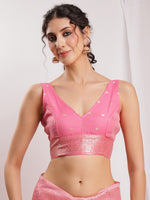 Thumbnail for Janasya Peach Silk Blend Geometric Jacquard Saree