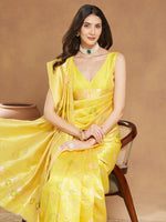 Thumbnail for Janasya Yellow Silk Blend Floral Jacquard Saree