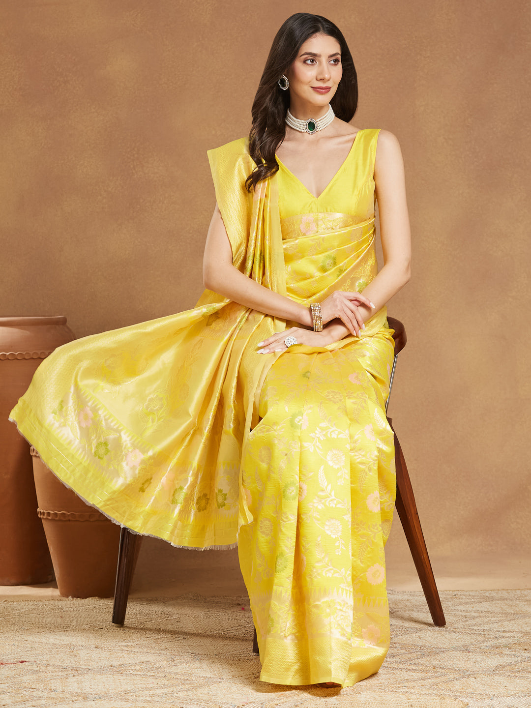 Janasya Yellow Silk Blend Floral Jacquard Saree
