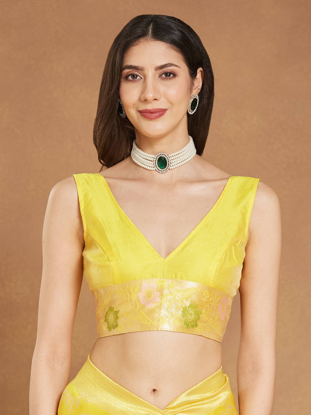 Janasya Yellow Silk Blend Floral Jacquard Saree