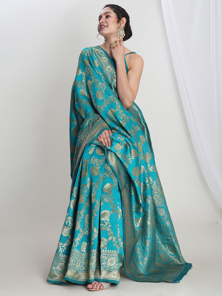 Janasya Teal Blue Silk Blend Floral Jacquard Saree