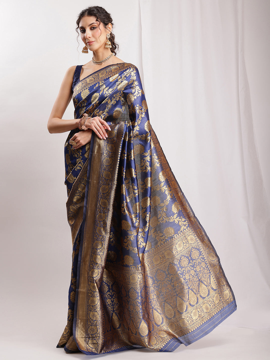 Janasya Navy Blue Silk Blend Floral Jacquard Saree