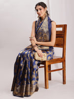 Thumbnail for Janasya Navy Blue Silk Blend Floral Jacquard Saree