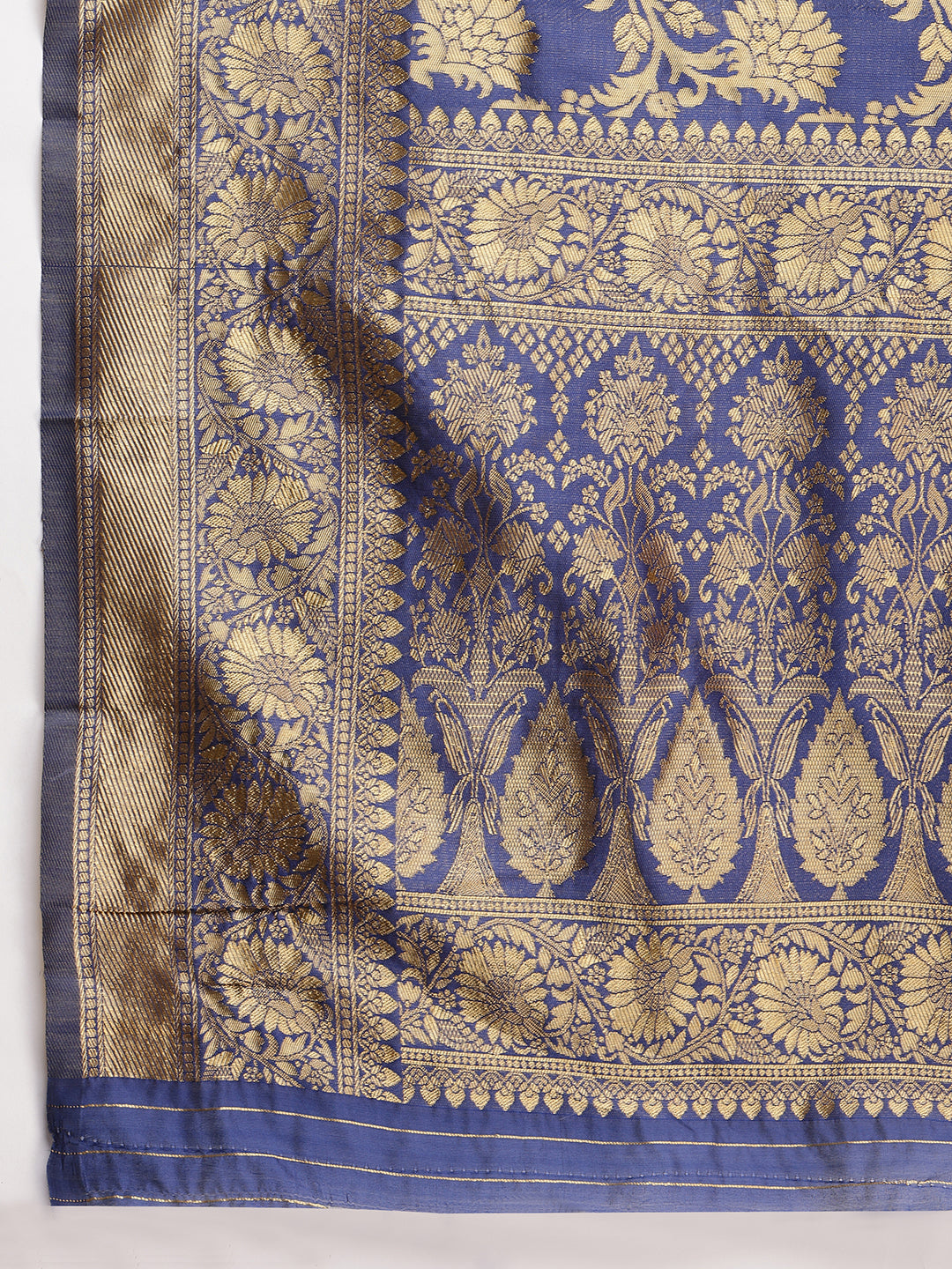 Janasya Navy Blue Silk Blend Floral Jacquard Saree