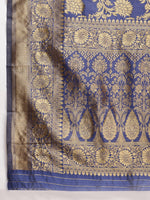 Thumbnail for Janasya Navy Blue Silk Blend Floral Jacquard Saree