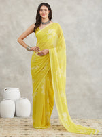 Thumbnail for Janasya Lime Yellow Georgette Floral Printed Saree