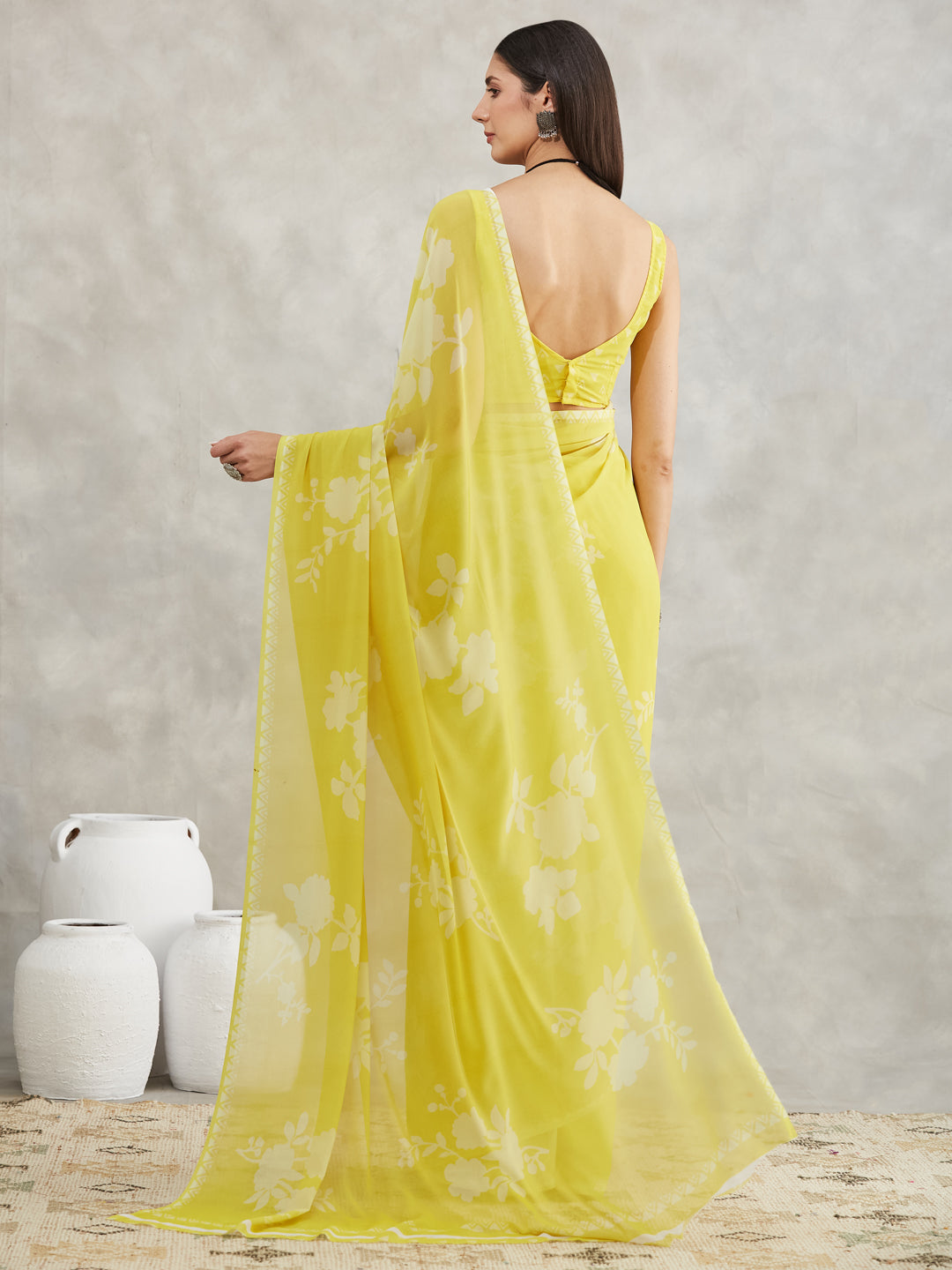 Janasya Lime Yellow Georgette Floral Printed Saree