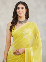 Thumbnail for Janasya Lime Yellow Georgette Floral Printed Saree