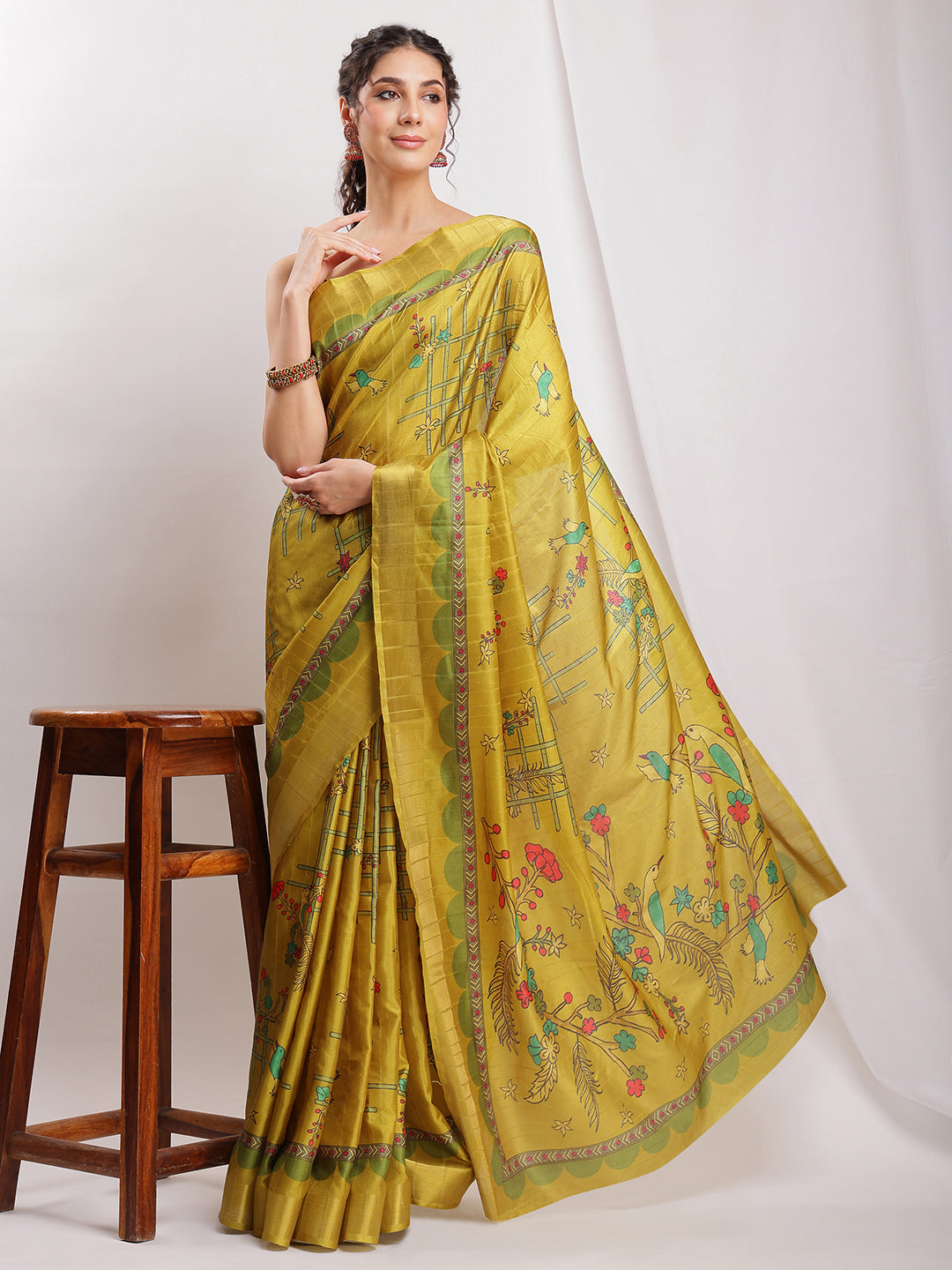 Janasya Green Silk Blend Ethnic Motifs Printed Saree