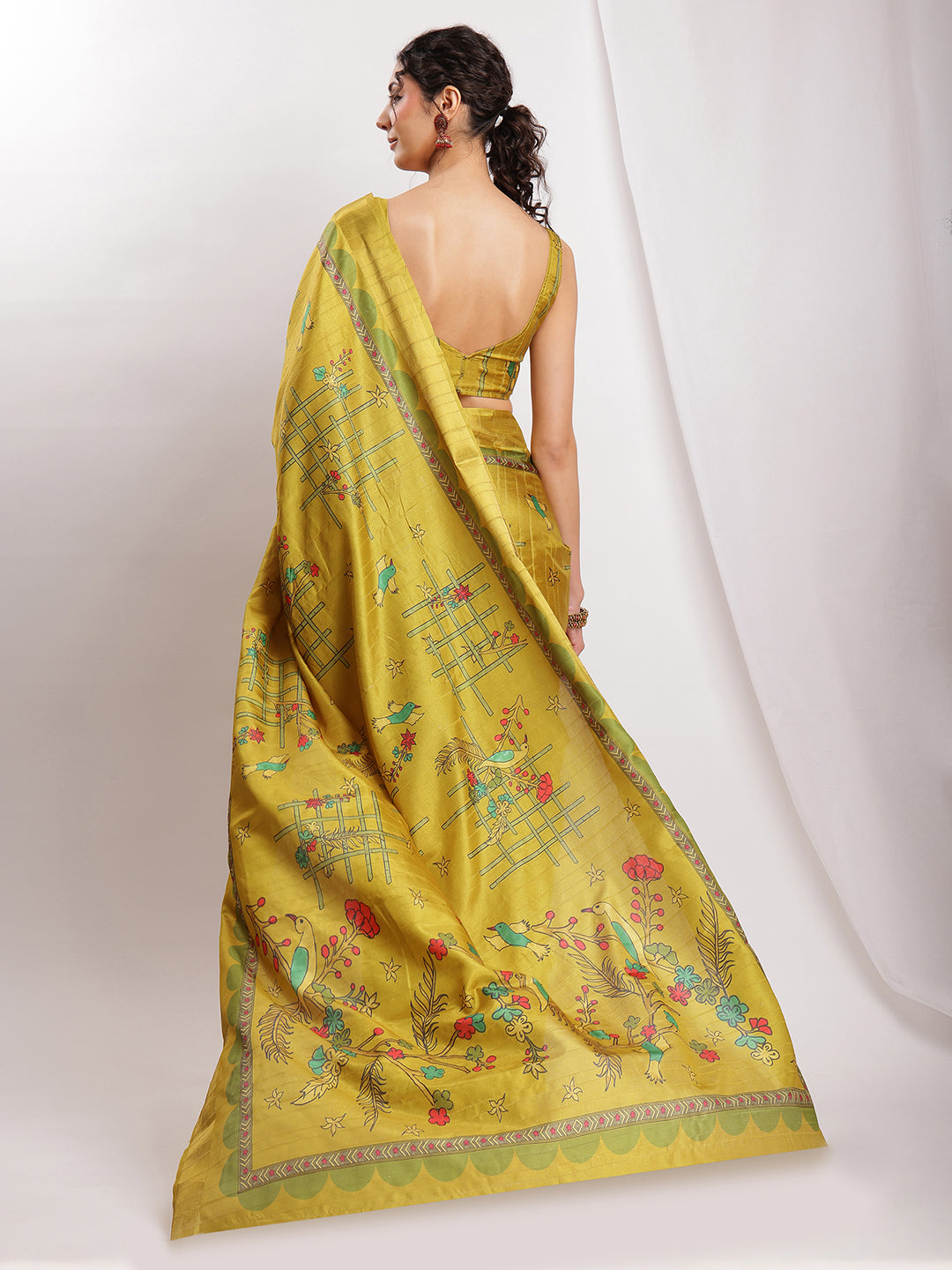 Janasya Green Silk Blend Ethnic Motifs Printed Saree