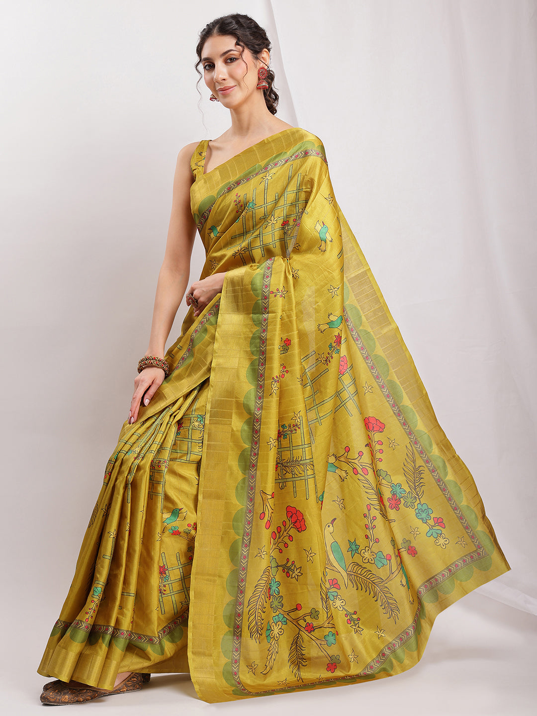 Janasya Green Silk Blend Ethnic Motifs Printed Saree
