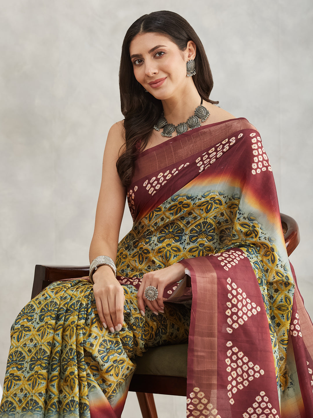 Janasya Yellow Silk Blend Ethnic Motifs Printed Saree