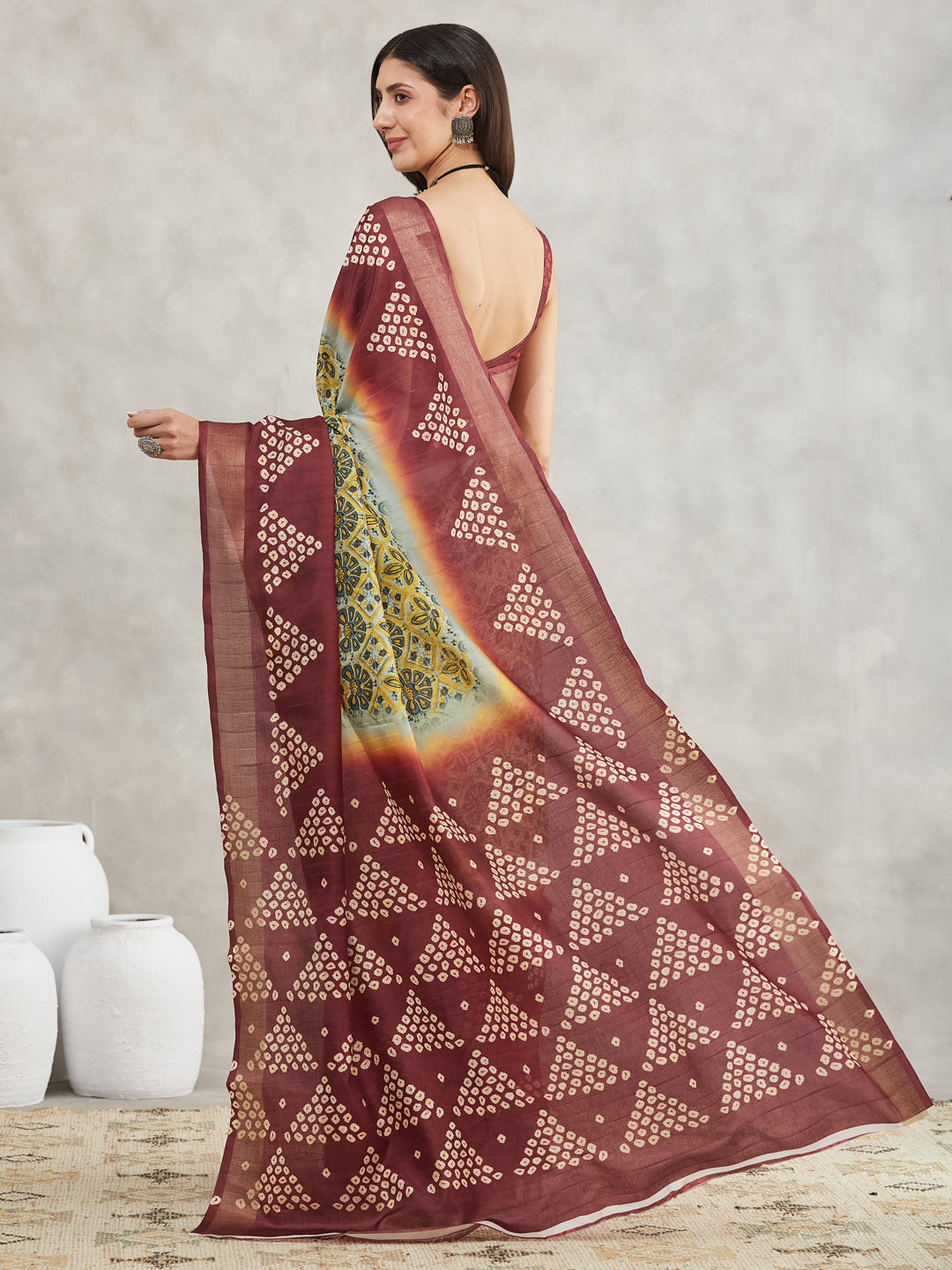 Janasya Yellow Silk Blend Ethnic Motifs Printed Saree