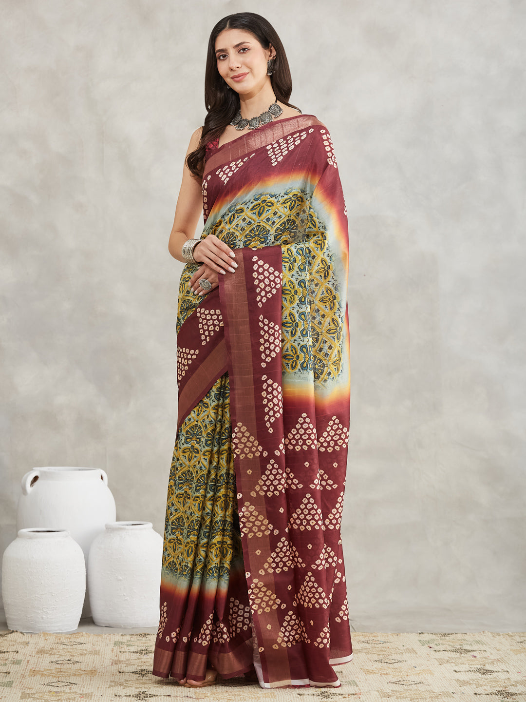 Janasya Yellow Silk Blend Ethnic Motifs Printed Saree
