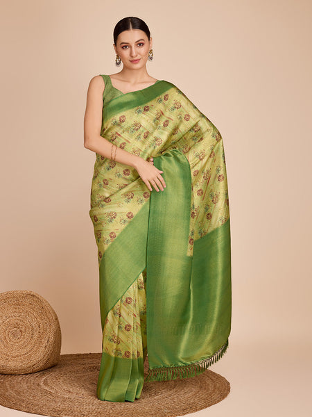 NOZ2TOZ Women Party Wear Semi Kanjivaram Silk Ready to Wear Saree with Unstitched Blouse(Size Up to 42) - Green