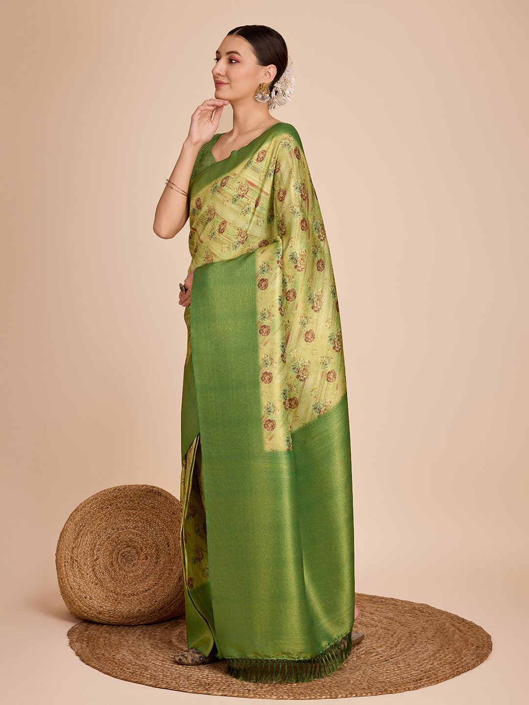 NOZ2TOZ Women Party Wear Semi Kanjivaram Silk Ready to Wear Saree with Unstitched Blouse(Size Up to 42) - Green