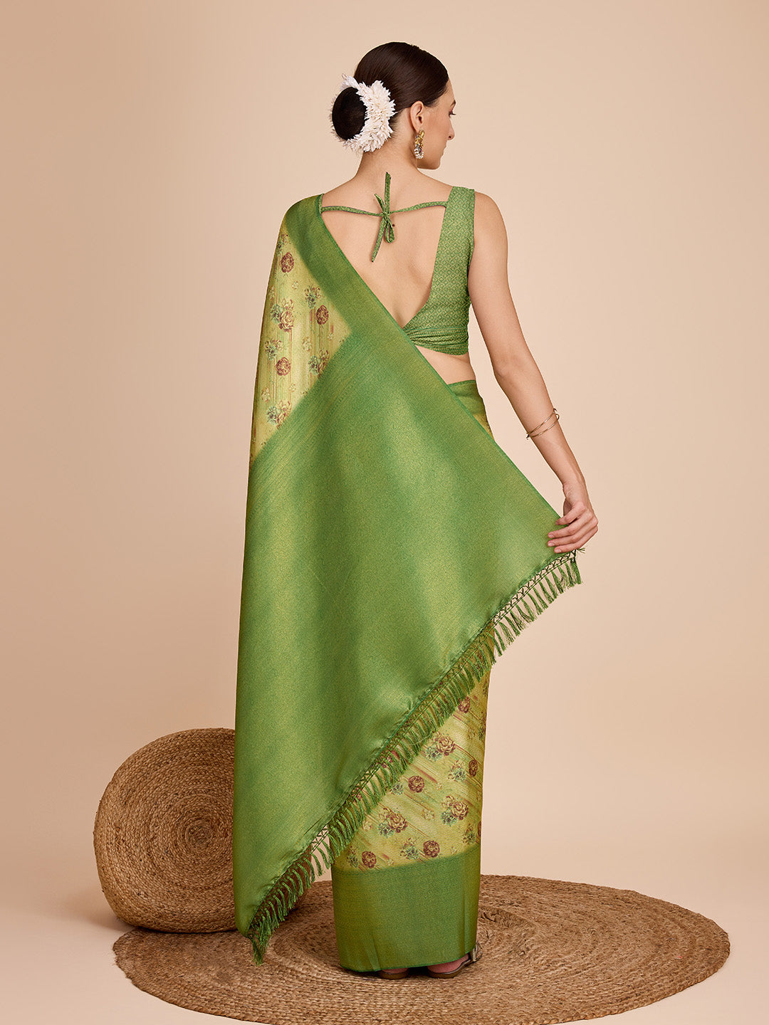 NOZ2TOZ Women Party Wear Semi Kanjivaram Silk Ready to Wear Saree with Unstitched Blouse(Size Up to 42) - Green