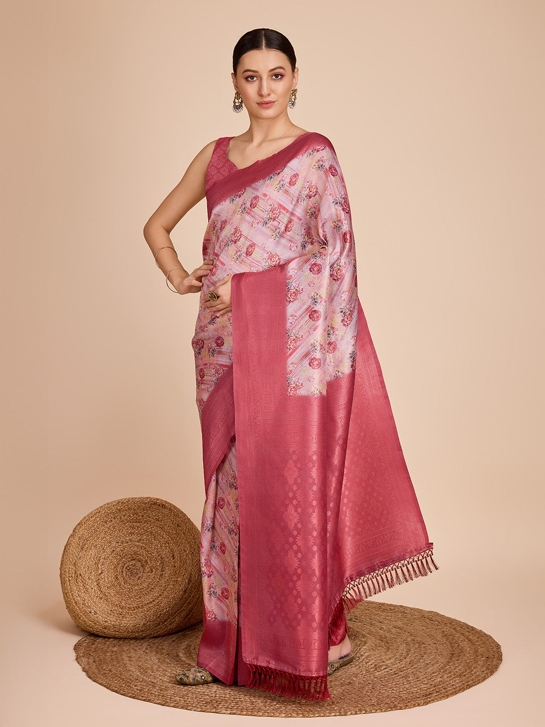 NOZ2TOZ Women Party Wear Semi Kanjivaram Silk Ready to Wear Saree with Unstitched Blouse(Size Up to 42) - Peach